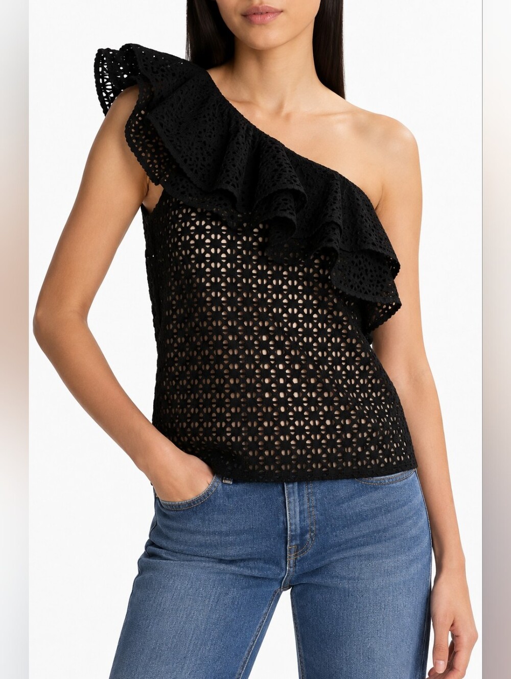 J.Crew Black Eyelet One Shoulder Ruffle Top 0P NWOT